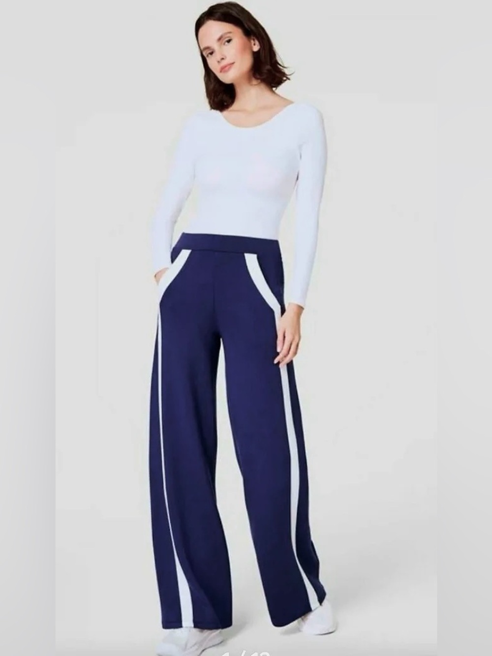 Spanx Air Essentials Stripe Track Pants Size L Navy White NEW